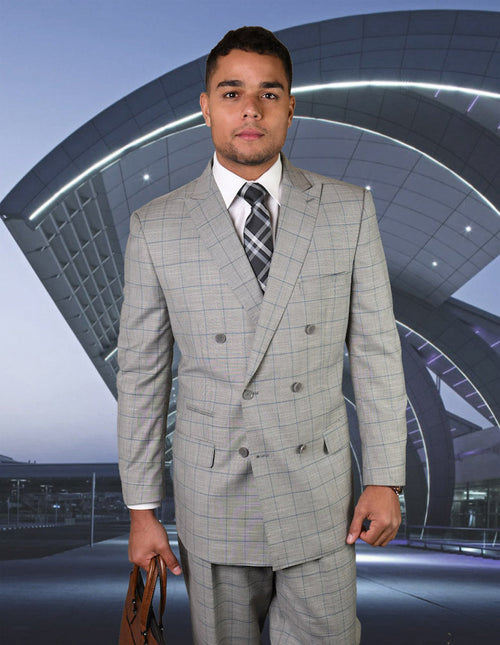 Grey windowpane wool suit for men: double-breasted, tailored silhouette. Features a notched lapel and button closure. Light grey base with dark grey & blue checked pattern, includes matching trousers.

