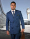 Men's indigo windowpane wool double-breasted suit. Tailored fit, notch lapels, side pockets. Jacket with matching trousers. Structured shape.

