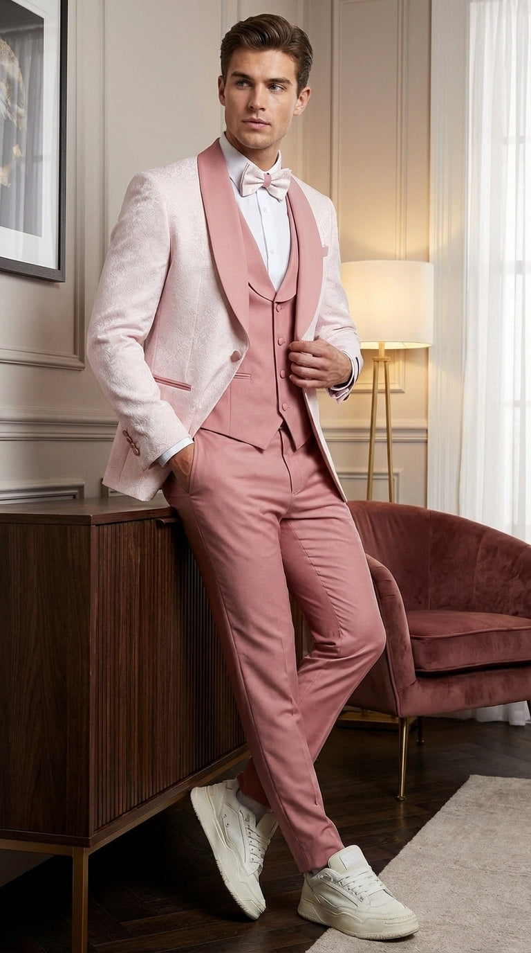 Men’s Cream and Rose Pink Prom Suit – Cream Tuxedo Jacket with Rose Pink Pants and Shawl Lapel Formal Suit for Prom and Wedding