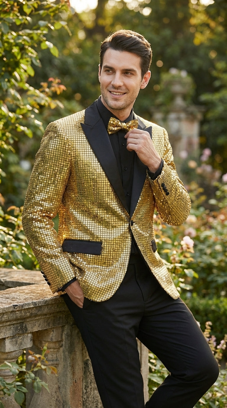 Men's Alberto Nardoni Gold Sequin Blazer with Black Satin Lapel