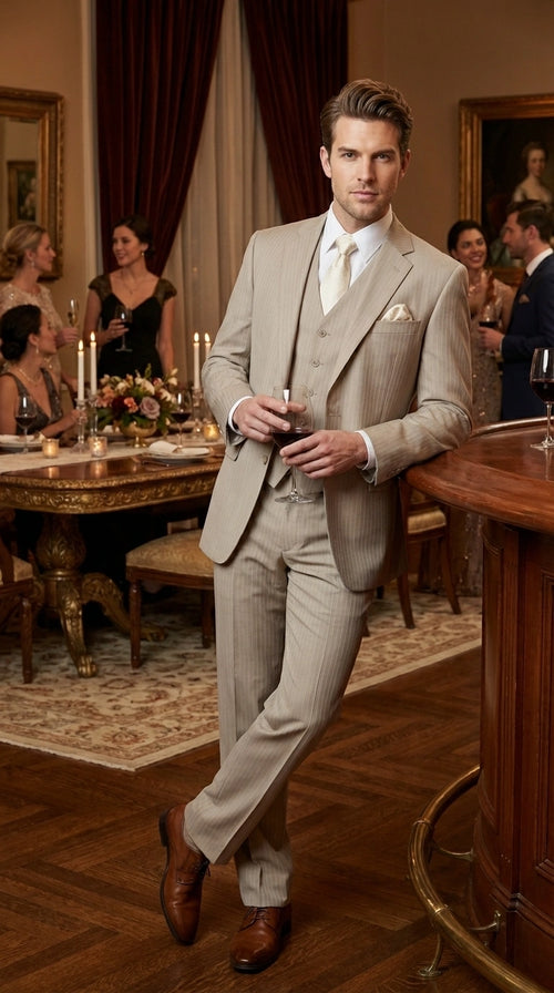 Men’s Tan Pinstripe Three Piece Suit – Classic Fit Pleated Pants  Tan Sand Beige Wedding, Church Shadow Ton on Tone  Business Suit for Men