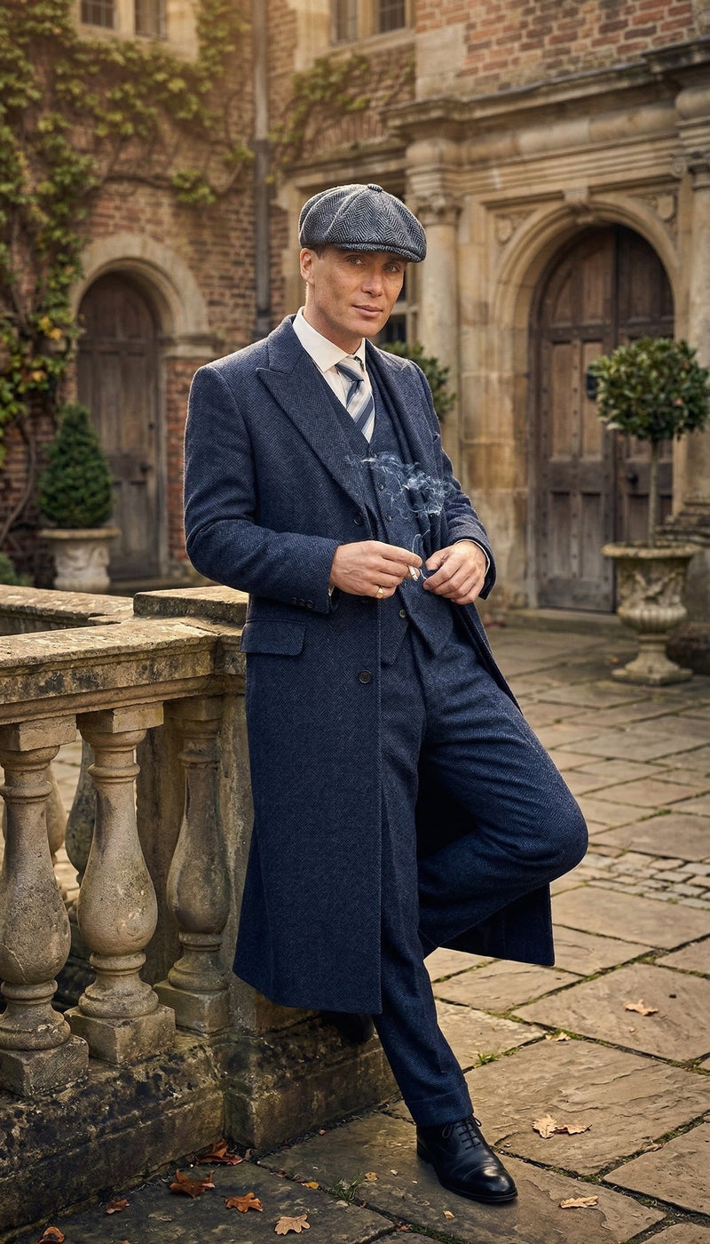 Men’s Navy Blue Herringbone Tweed  1920s 3 Piece Suit with Overcoat – Vintage Peaky Blinder Style Formal Suit Set with Blazer, Waistcoat + Overcoat + Hat
