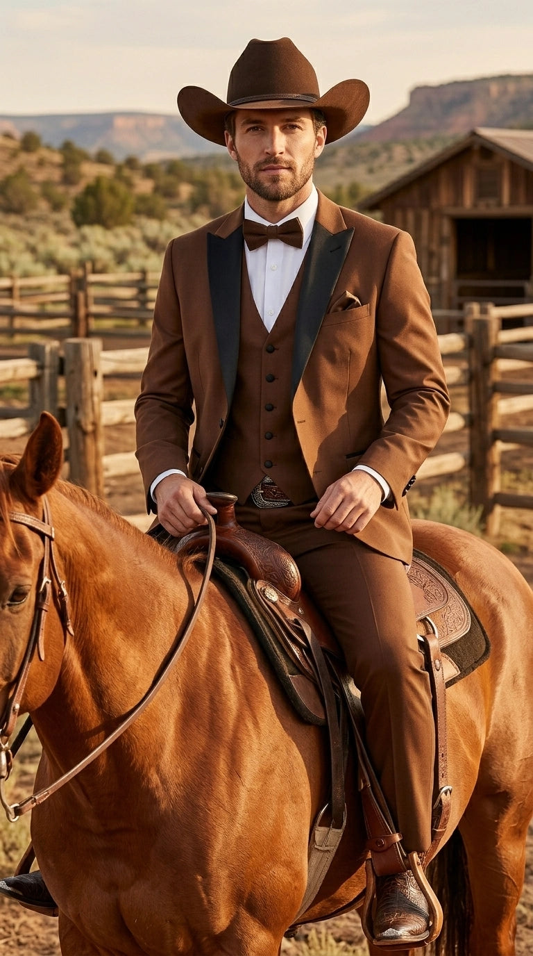 Men’s Light Brown Western Tuxedo 3 Piece Suit with Black Peak Collar Lapel, Country Look Cowboy Suit