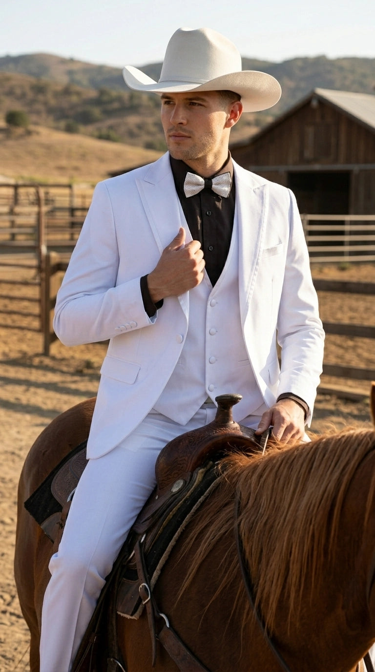 Men’s White Western Cowboy 3 Piece Tuxedo Suit, Formal Wedding Prom Groom Suit Set