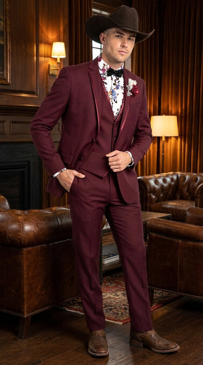 Men’s Burgundy Western Tuxedo Suit, 3 Piece Cowboy Formal Wedding Prom Suit with Satin Trim