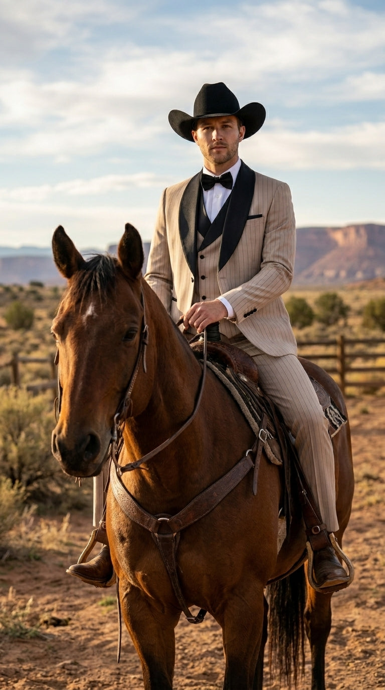 Men’s Beige Pinstripe Western 3 Piece Tuxedo Suit with Black Shawl Lapel, Formal Cowboy Wedding Prom Suit in Tan Khaki Color