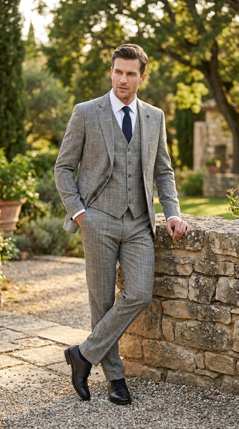 Vitali Brand Men’s Grey Textured Patterned 3 Piece Suit – Modern Fit Checkered Sharkskin with Blazer, Vest & Trousers, Business Wedding