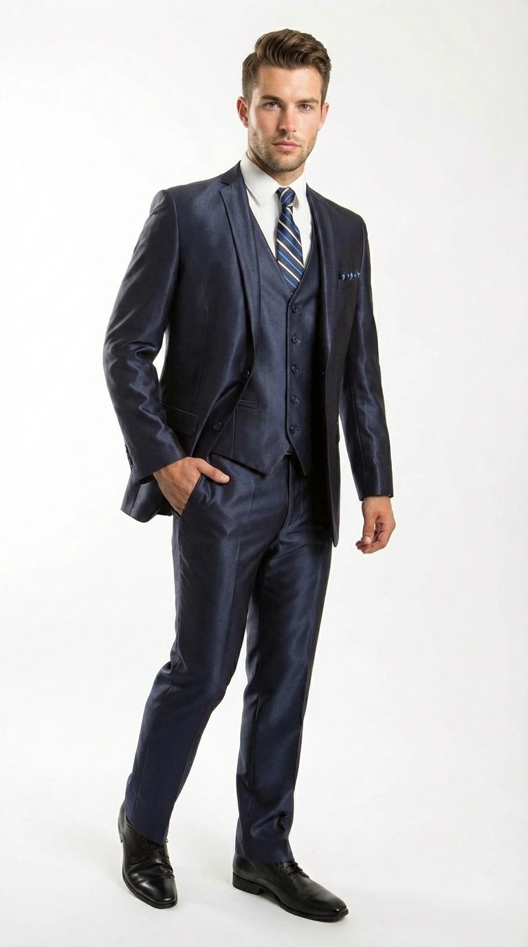 Men’s Navy Blue Sharkskin 3 Piece Suit – Two Button Vested Shiny Formal Suit for Wedding, Prom, Business and Party Wear