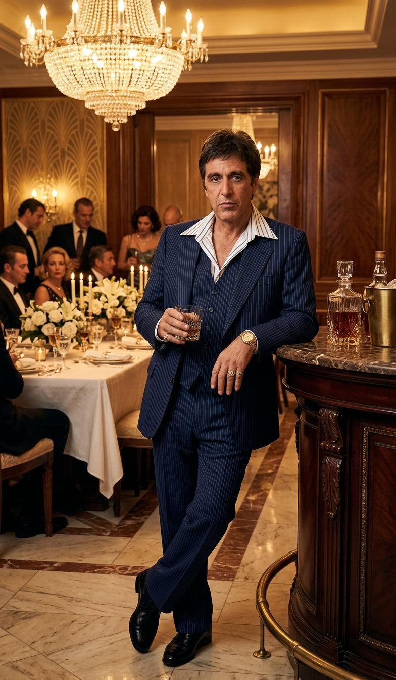 Tony Montana’s Blue Pinstripe 3 Piece Suit – Men’s Vintage Blue Striped Suit for Wedding, Prom and Classic Formal Wear