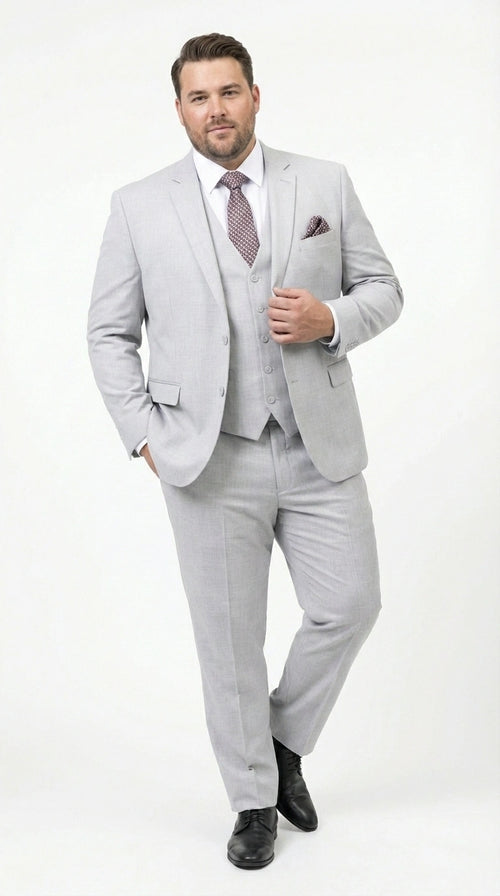 Men’s Light Grey Sharkskin 3 Piece Suit – Two Button Vested Modern Formal Business Suit for Wedding in silver Ice Gray