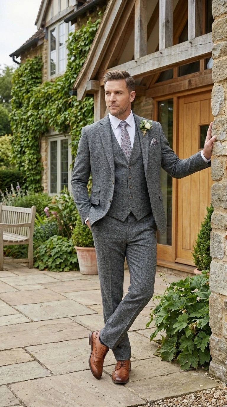 Men’s Peaky Blinder Light Grey Tweed Suit with Vest – Classic Three Piece Formal Suit, Vintage Wedding Business Outfit