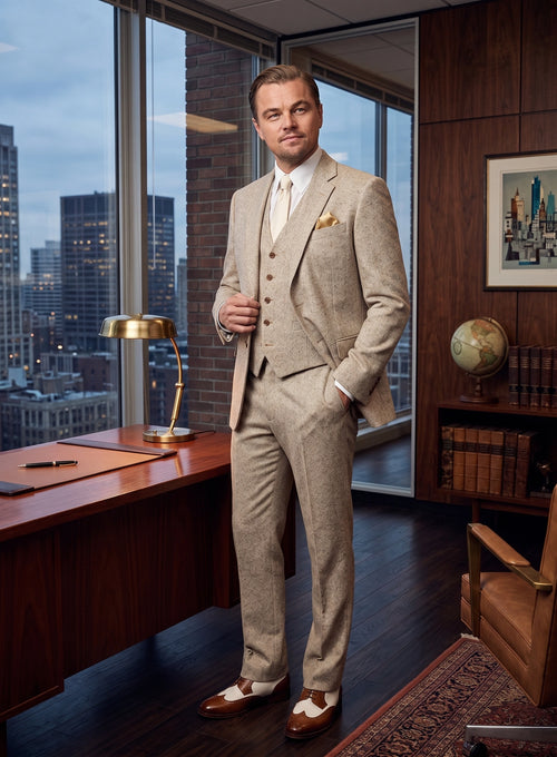 Men’s Light Tan Tweed Great Gatsby 3 Piece Suit – Vintage Vested Wedding Suit, 1920s Classic Formal Outfit Herringbone