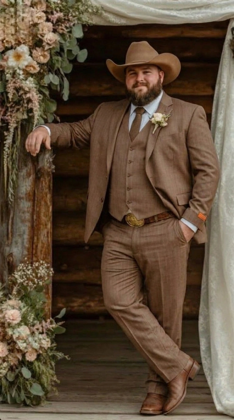 Men’s Light Brown Western 3 Piece Suit – Classic Country Style Blazer Vest Pants Set, Formal Cowboy Suit Toast