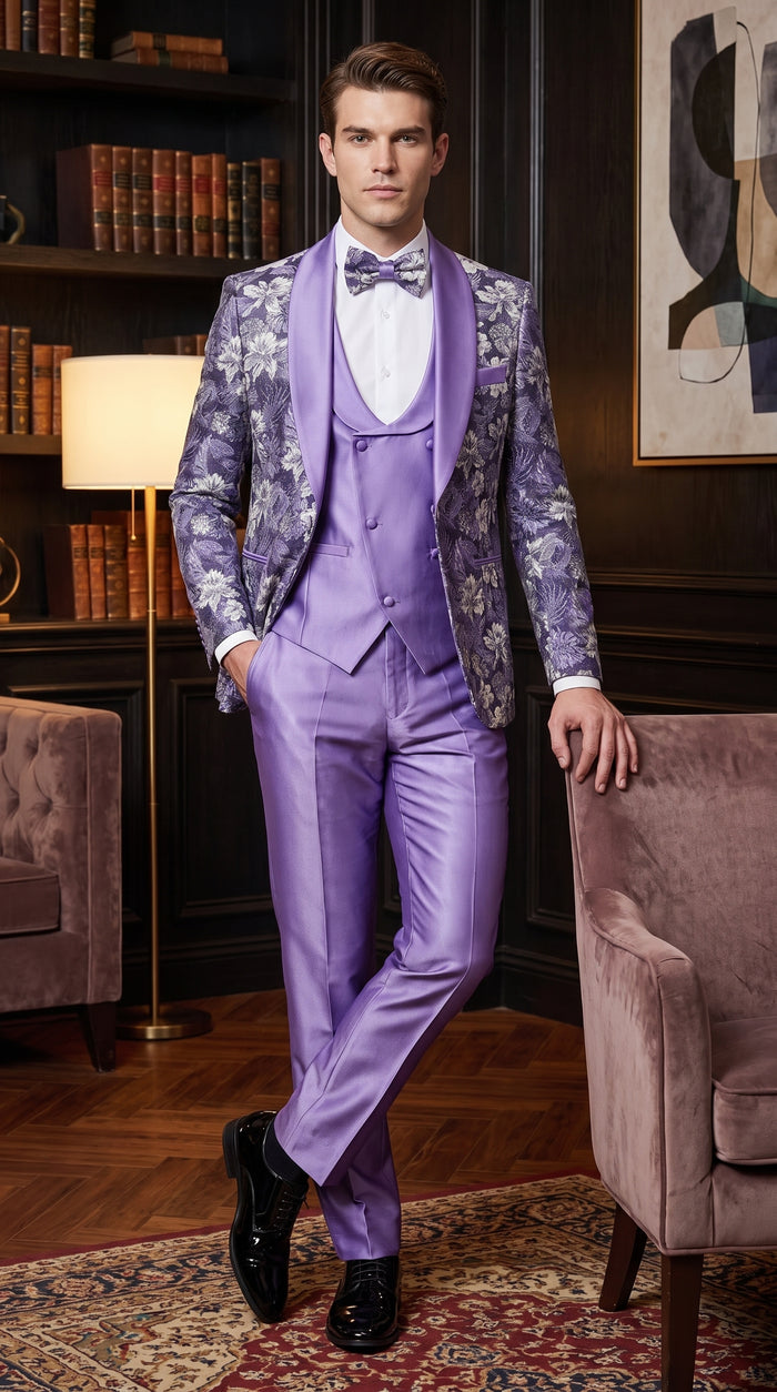 Men’s Lilac Lavender Prom Suit – Floral Shawl Lapel 3 Piece Tuxedo with Matching Vest and Pants