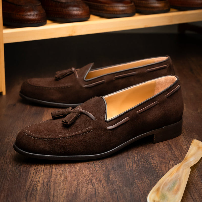 Zelli Franco Classic Tassel Loafers in Nicotine Suede Goatskin