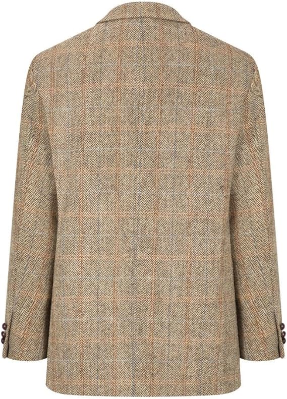 Men's Walker and Hawkes Blakemore Blazer: Harris Tweed, tan/brown herringbone. Notched lapel, button cuffs. Straight back, tailored fit with stitching detail.
