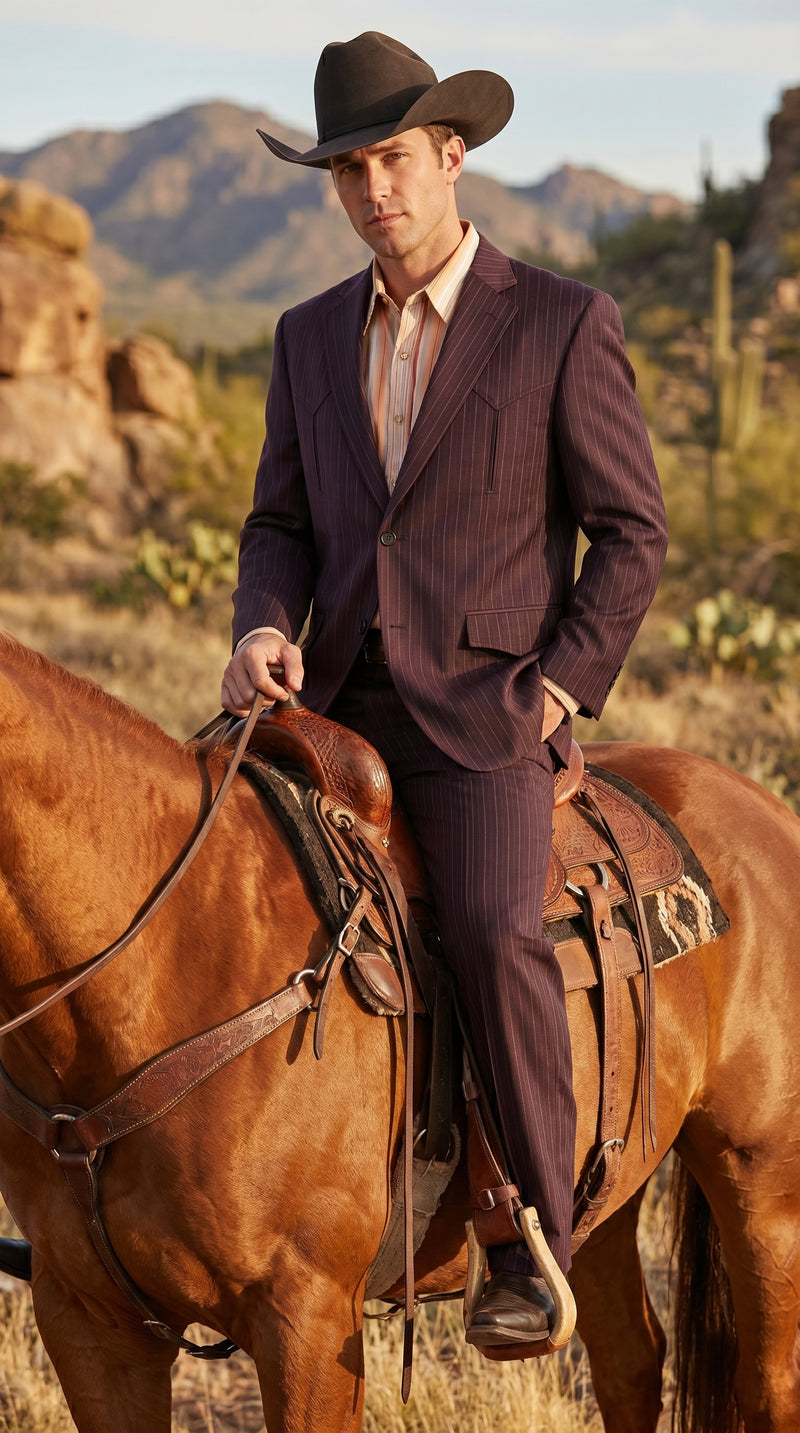 Men’s Brownish Black Pinstripe Western Suit, Cowboy Formal Wedding Ranch Dress Suit Set Slim Fitted