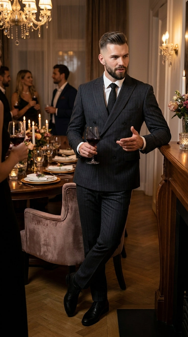 Men’s Black Pinstripe Double Breasted Suit – Classic Formal Business Suit Office and Evening Wear Modern Fit Conservative pattern