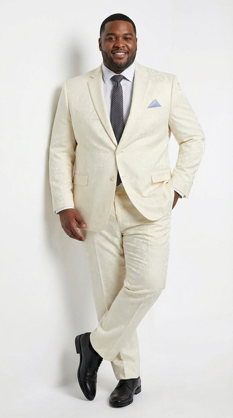 Men’s Ivory Paisley Shiny Suit – Flroal Formal Wedding and Prom Suit for Party, in Cream Off White