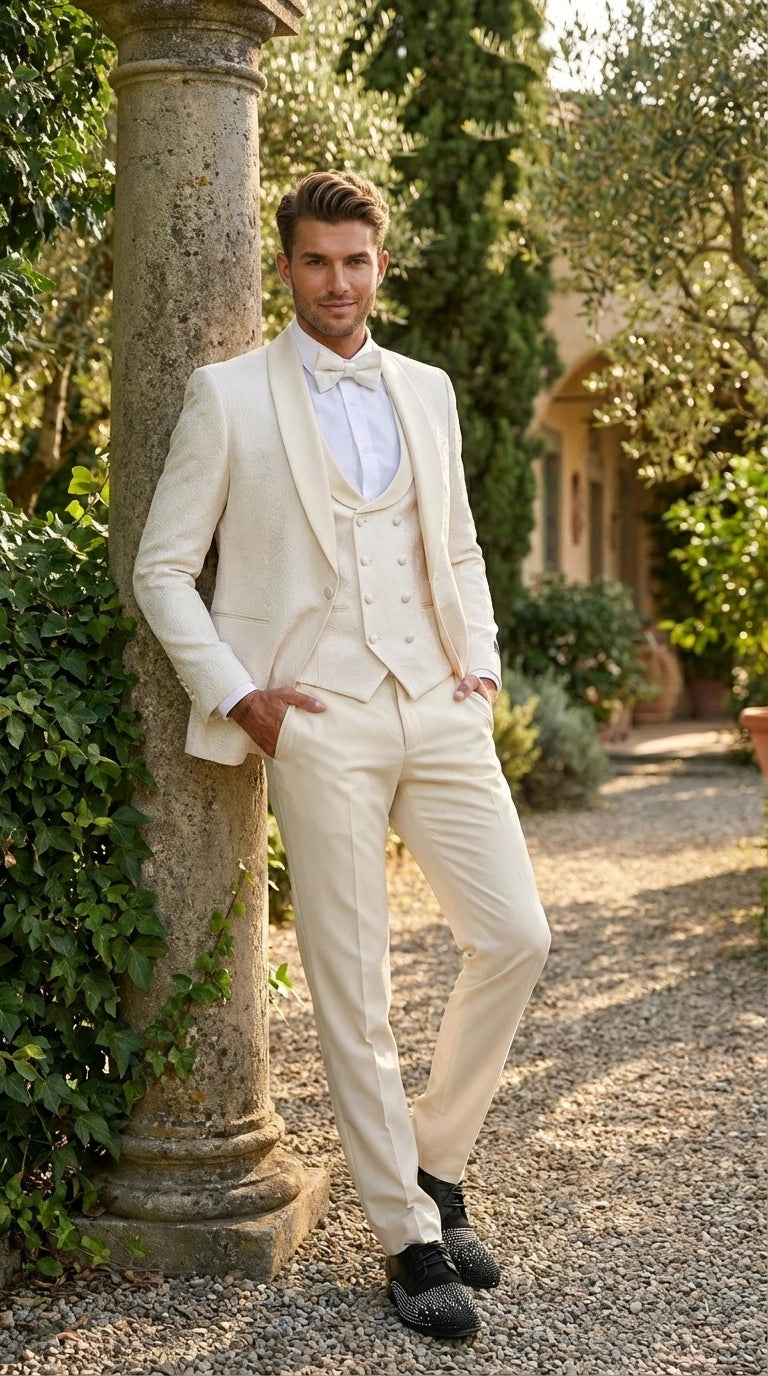 Men’s Ivory Paisley Tuxedo Suit 3 Piece – One Button Vested Satin Formal Suit for Wedding in Off white Cream Color