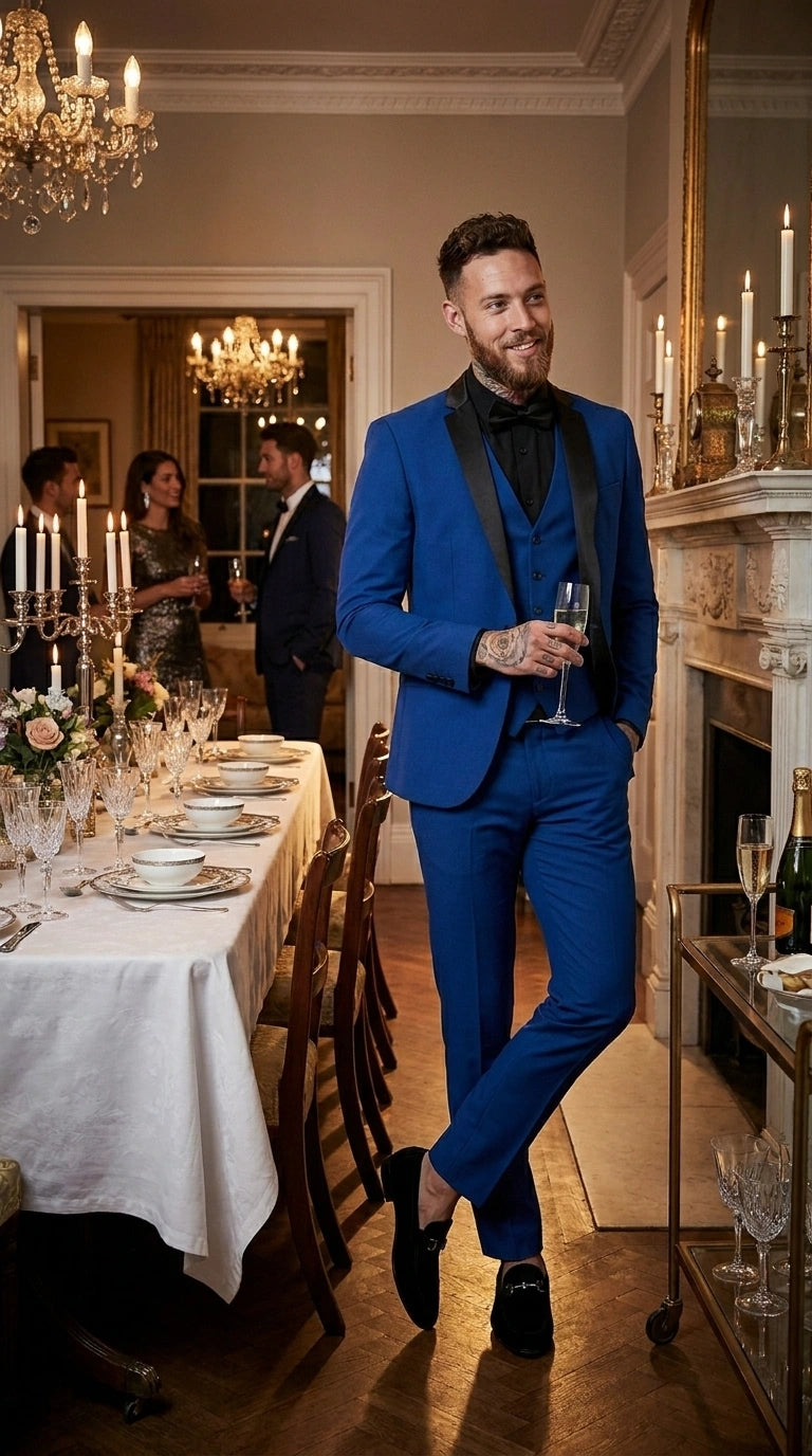 Men’s Royal Blue 3 Piece Suit with Black Lapel – Modern Formal Suit for Wedding, Prom and Party Wear