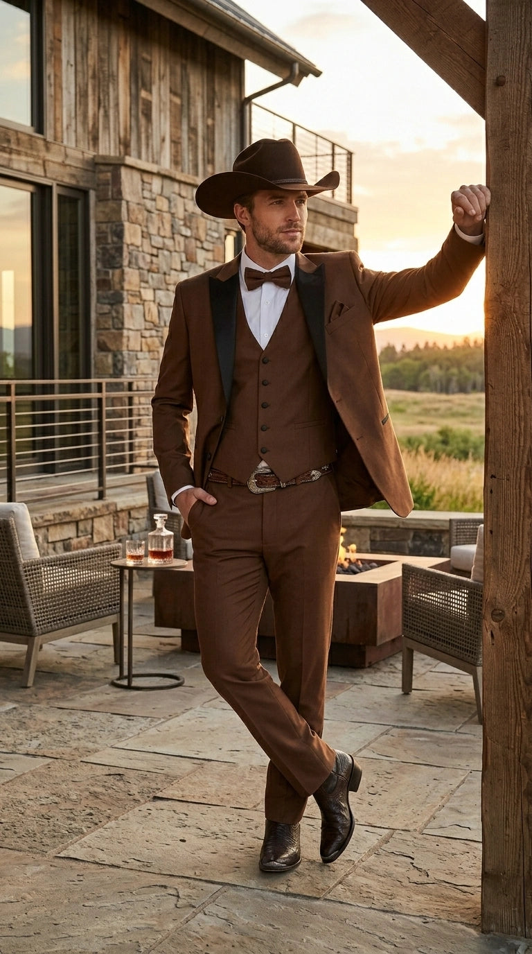 Men’s Light Brown Western Tuxedo 3 Piece Suit with Black Peak Collar Lapel, Country Look Cowboy Suit