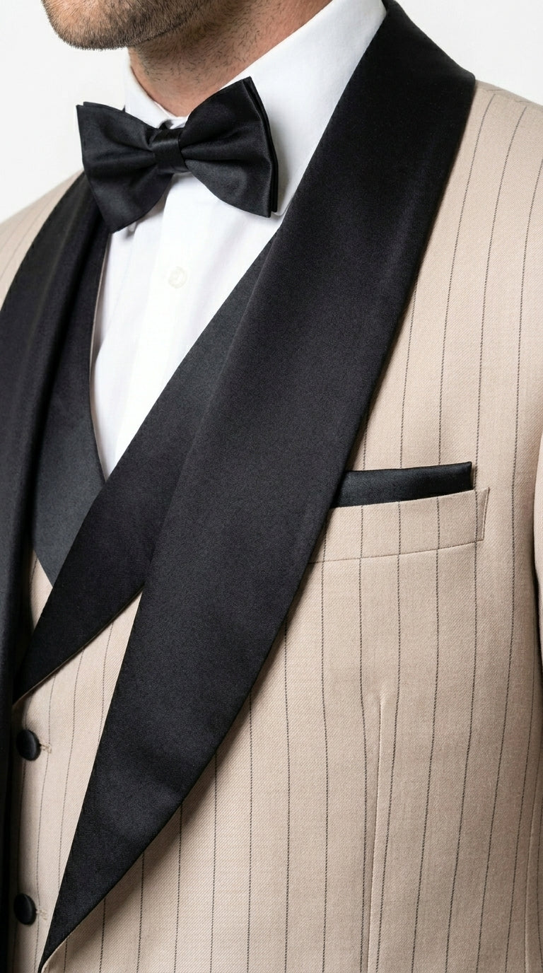 Men’s Beige Pinstripe Western 3 Piece Tuxedo Suit with Black Shawl Lapel, Formal Cowboy Wedding Prom Suit in Tan Khaki Color