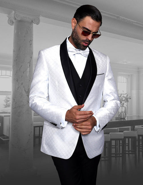 White men's one-button shawl tuxedo with geometric chain print. Features black vest, collar, and pocket accents. Fitted silhouette, long sleeves, and buttoned cuffs.
