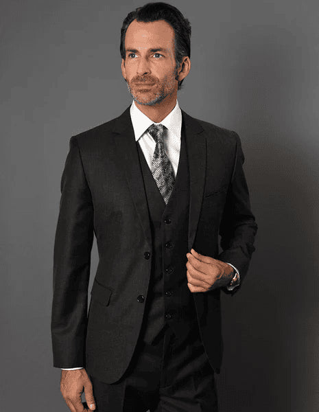 Mens 2 Button Slim Fit Vested Suit in  Textured Fabric Black