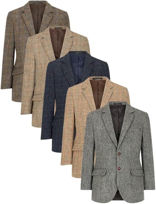 Blakemore men's blazers. Tailored Harris Tweed blazers with notch lapels, two pockets, and two-button closures. Colors: light brown, navy, tan/checkered, dark brown/checkered, grey. Contrasting inner linings.
