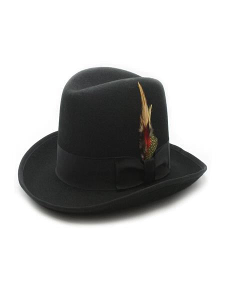 Classic 1920s men's gangster hat. Black felt with tall, rounded crown and wide brim. Includes feather accent and ribbon band.
