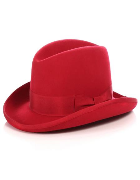 Red gangster hat with wide brim, teardrop crown, and smooth fabric. Includes a satin ribbon band. Structured, tapered shape.
