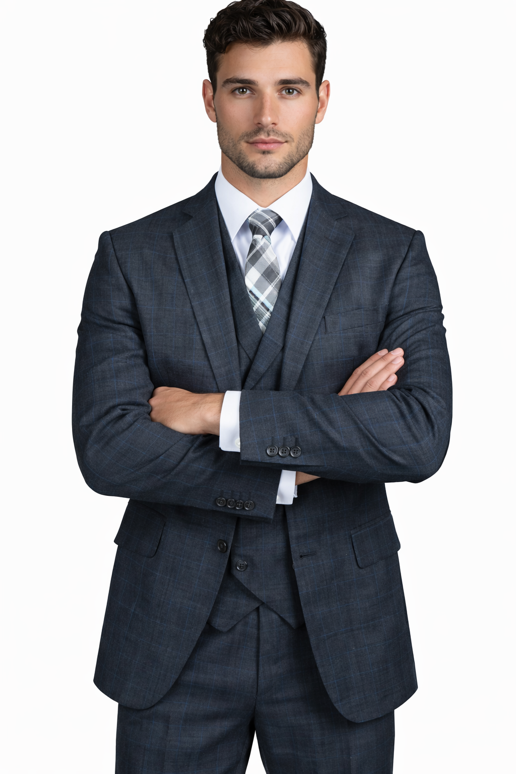 1920s Charcoal Square Plaid Mens Suit 3 Piece DB Vest