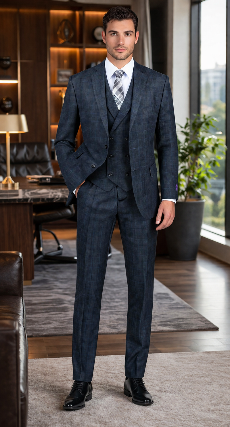 1920s Charcoal Square Plaid Mens Suit 3 Piece DB Vest