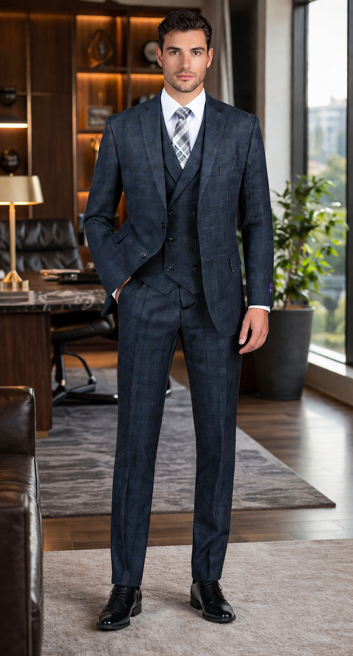 1920s Charcoal Square Plaid Mens Suit 3 Piece DB Vest
