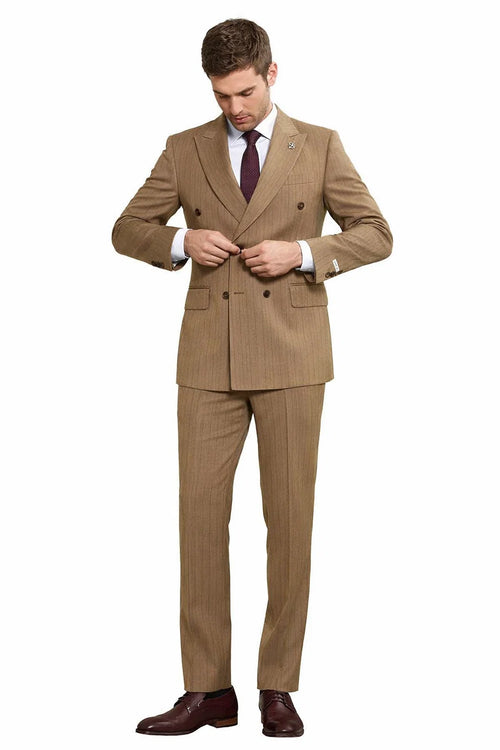 1920s Great Gatsby Suit for Men – Camel Double Breasted Pinstripe