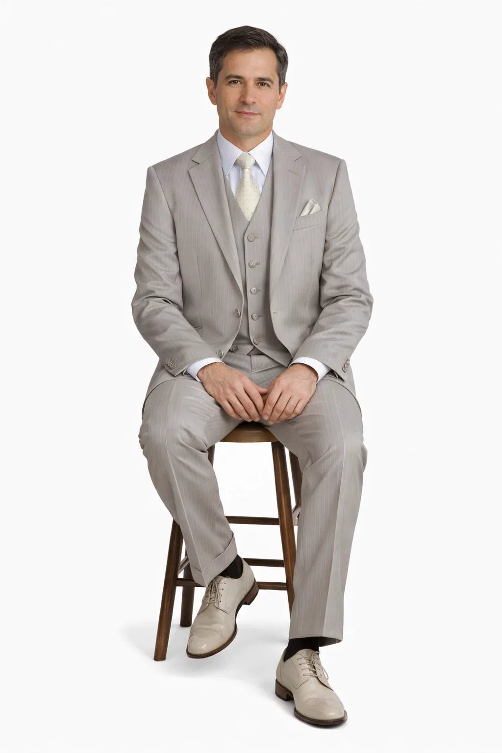 1920s Great Gatsby Suit for Men – Tan Tonal Pinstripe 2 Button Vested Suit