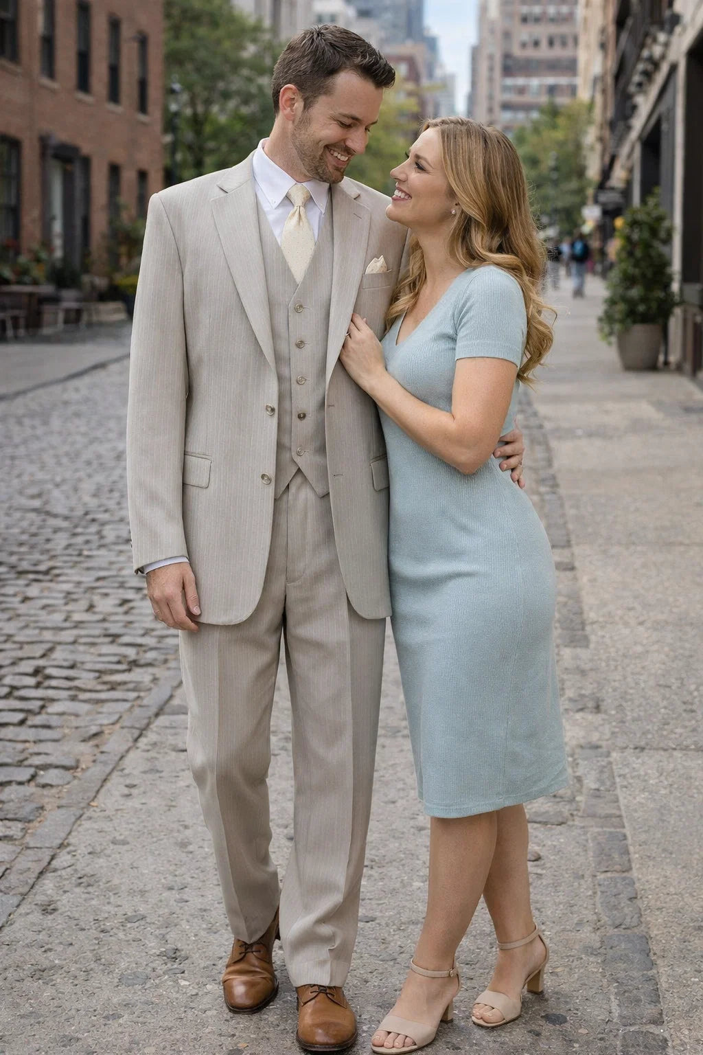 1920s Great Gatsby Suit for Men – Tan Tonal Pinstripe 2 Button Vested Suit