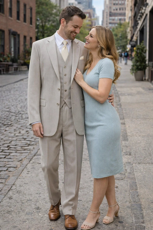 1920s Great Gatsby Suit for Men – Tan Tonal Pinstripe 2 Button Vested Suit