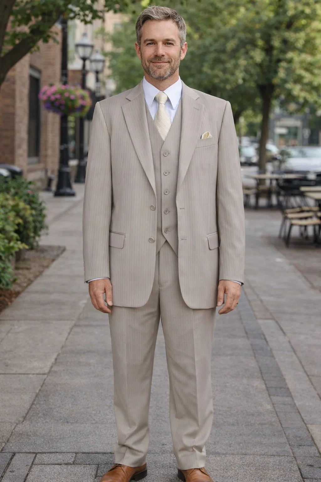 1920s Great Gatsby Suit for Men – Tan Tonal Pinstripe 2 Button Vested Suit