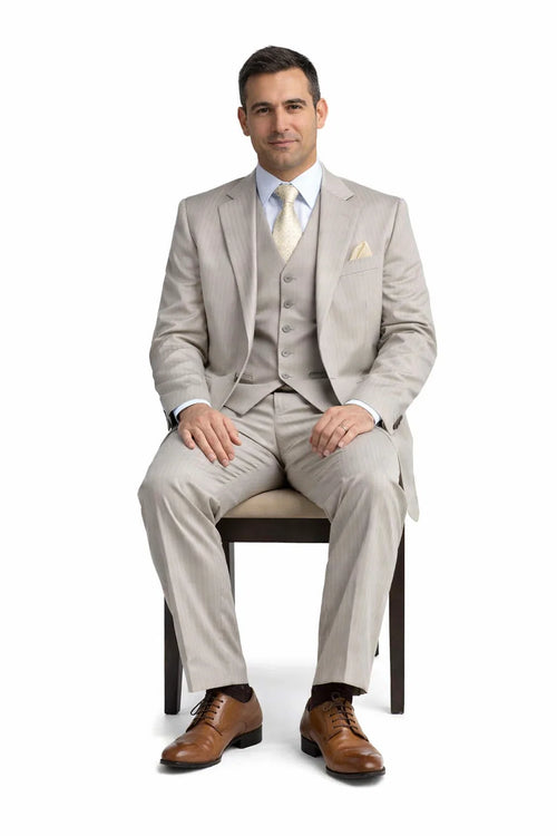 1920s Great Gatsby Suit for Men – Tan Tonal Pinstripe 2 Button Vested Suit