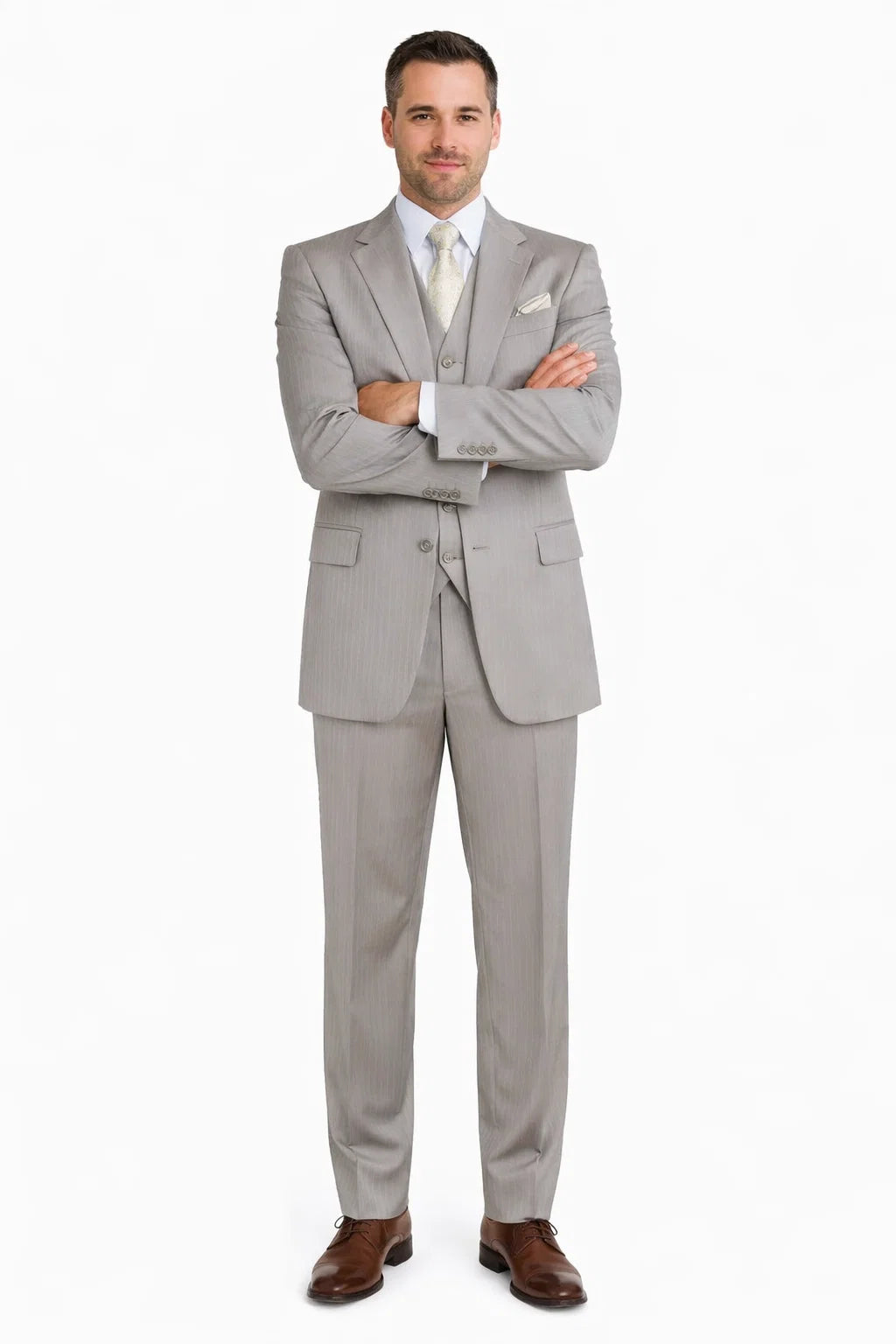 1920s Great Gatsby Suit for Men – Tan Tonal Pinstripe 2 Button Vested Suit