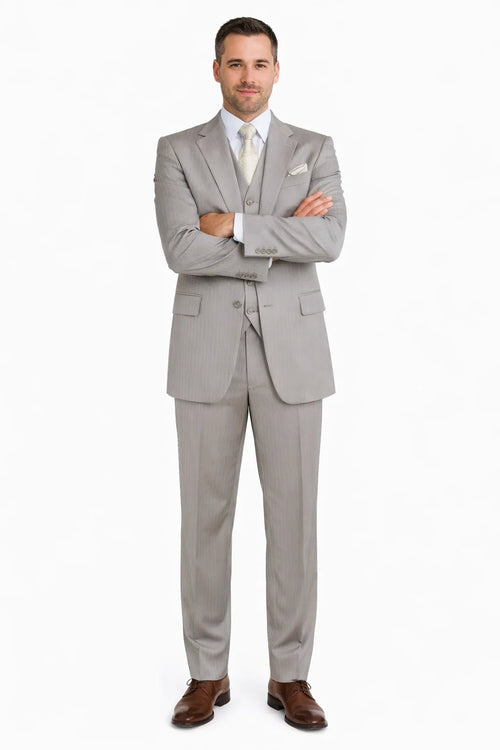 1920s Great Gatsby Suit for Men – Tan Tonal Pinstripe 2 Button Vested Suit