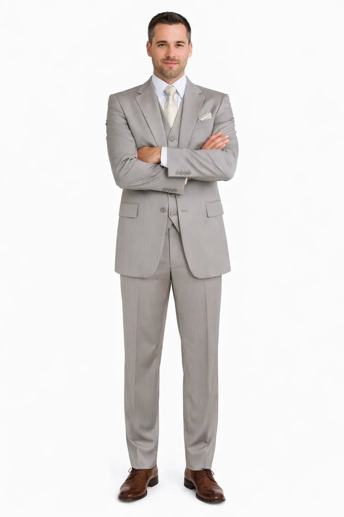 1920s Great Gatsby Suit for Men – Tan Tonal Pinstripe 2 Button Vested Suit