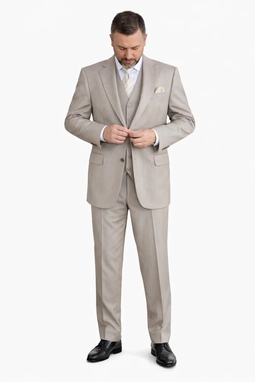 1920s Great Gatsby Suit for Men – Tan Tonal Pinstripe 2 Button Vested Suit