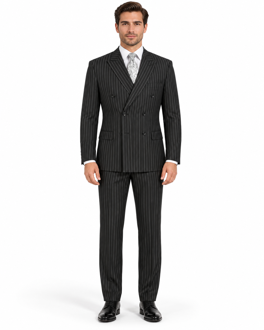 Black Double Breasted Pinstripe Suit