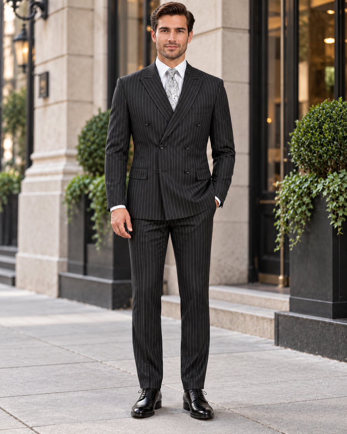 Black Double Breasted Pinstripe Suit