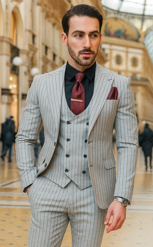 1920s Mint Grey And Black Pinstripe Suit - Vested Stripe Gangster Suit - SAM371SK-01