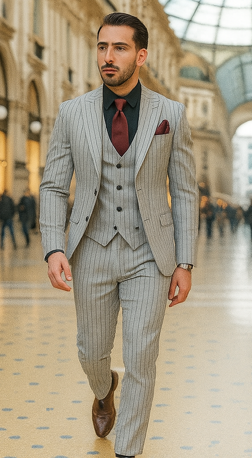 1920s Mint Grey And Black Pinstripe Suit - Vested Stripe Gangster Suit - SAM371SK-01