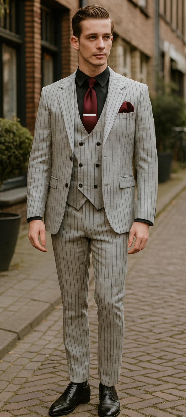 Mens Light Gray and Black Pinstripe 3 Piece Suit – Peaky Blinders Inspired Vintage Gangster 1920s Suit